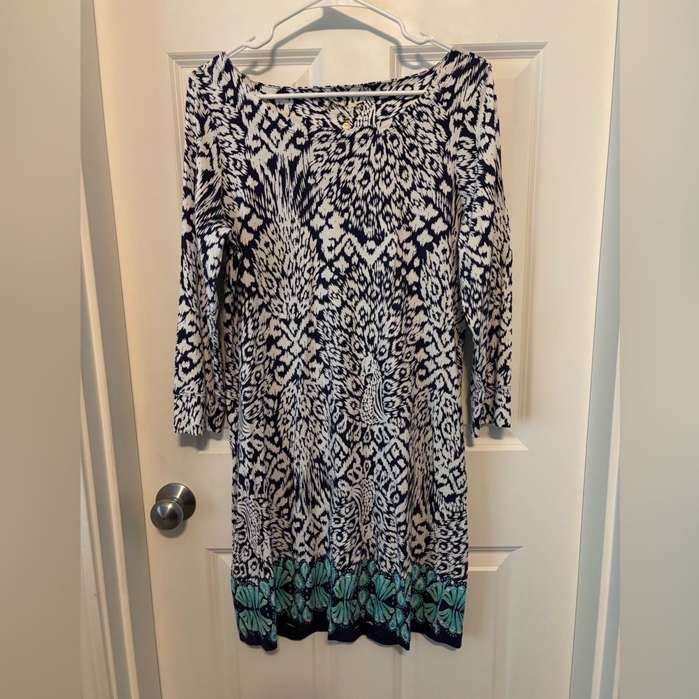 Lilly Pulitzer Hollee Dress Pineapple Party Peacock White Blue 3/4 Sleeve Sz L